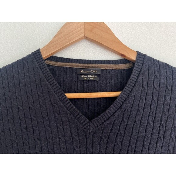Massimo Dutti Cable Knit Sweater V-Neck Wool Cashmere Blend Suede Elbow Patch S - Picture 2 of 7